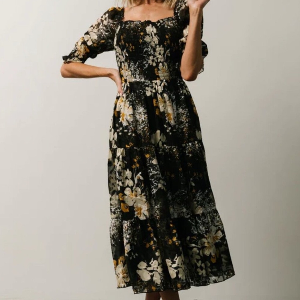 Baltic Born Black and Yellow Floral Midi Dress